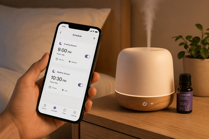 smartphone showing a diffuser sleep schedule app with evening and bedtime sessions alongside a running smart diffuser and lavender oil