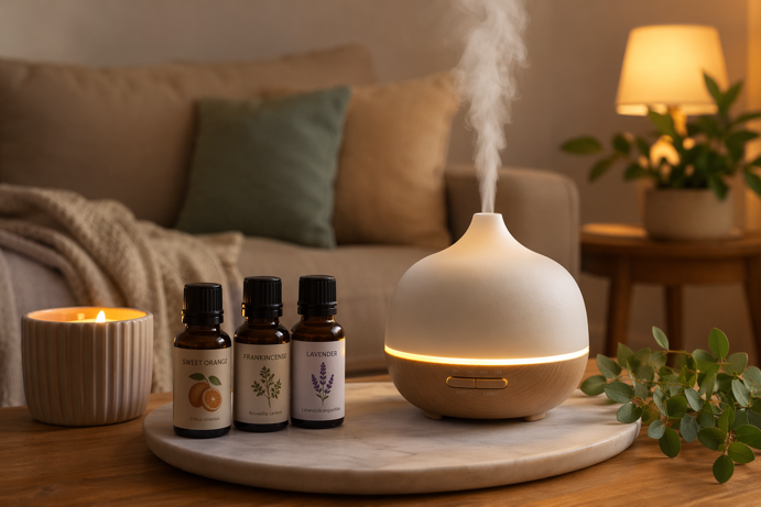 sweet orange, frankincense and lavender essential oil bottles next to a glowing diffuser on a coffee table in a cozy living room
