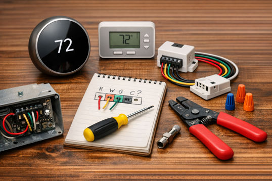 thermostat wiring terminals with r w g and c wire labels on a notepad
