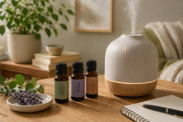three essential oil bottles with botanical labels next to a running ultrasonic diffuser on a wooden surface