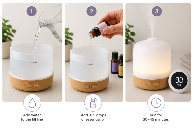 three step diffuser setup showing filling tank to max line, adding essential oil drops and running for 30 to 45 minutes