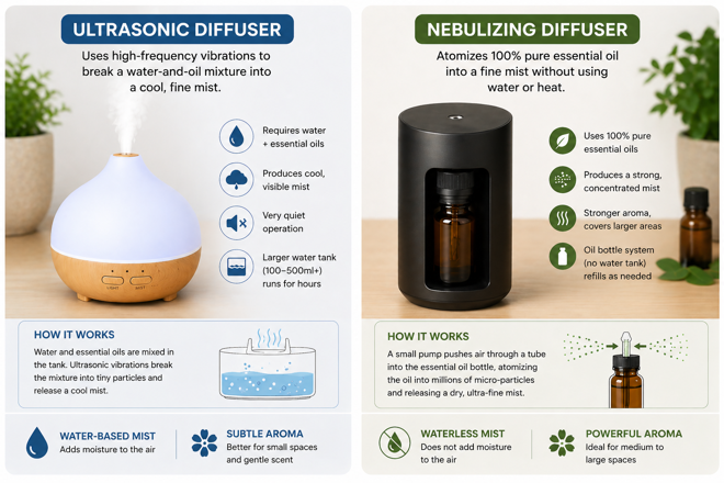 ultrasonic diffuser and nebulizing diffuser side by side showing how each type works