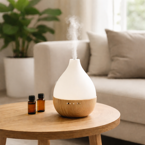 ultrasonic diffuser misting on a living room coffee table with two essential oil bottles alongside