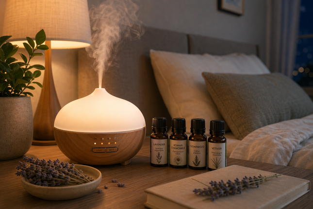 ultrasonic diffuser running on a bedside table at night with lavender, roman chamomile, cedarwood and vetiver essential oil bottles