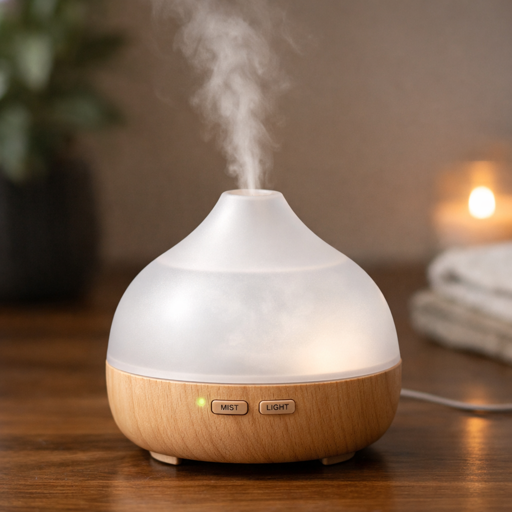 ultrasonic diffuser running with mist and light buttons visible on a wooden base