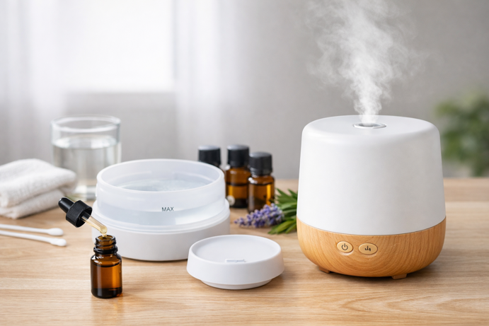 ultrasonic diffuser with water tank fill line and essential oil dropper on a wooden surface