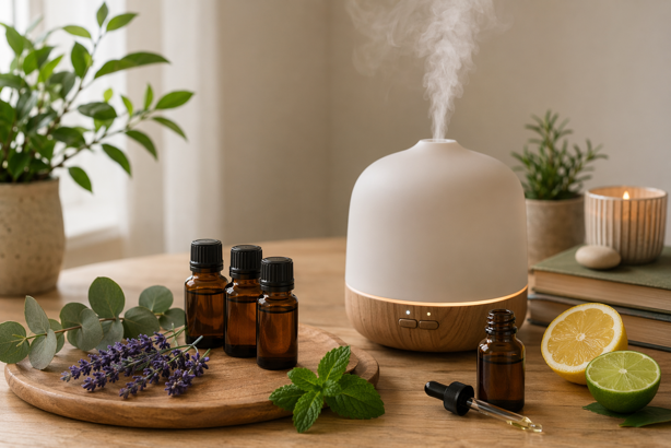 ultrasonic essential oil diffuser running on a wooden surface surrounded by essential oil bottles, lavender, mint and citrus