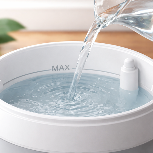 water being poured into a diffuser tank showing the max fill line