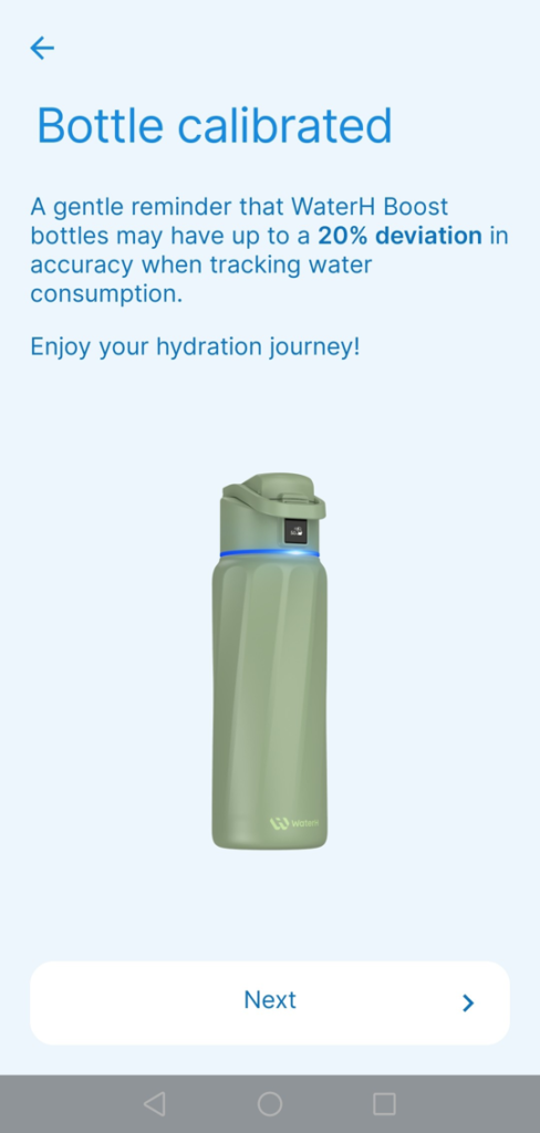 waterh app bottle calibrated screen showing 20 percent deviation notice