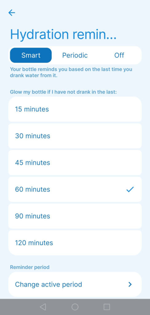 waterh app smart reminder mode set to 60 minutes