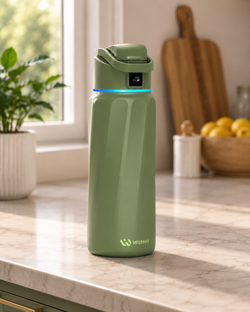 waterh boost smart water bottle in green on kitchen counter with led display and blue light ring active