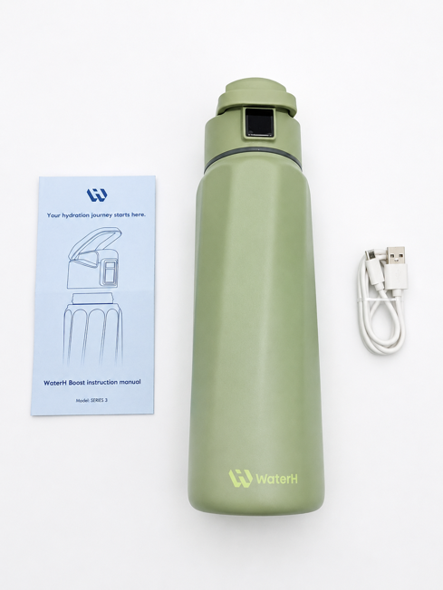 waterh boost smart water bottle unboxing contents including bottle usb-c cable and instruction manual