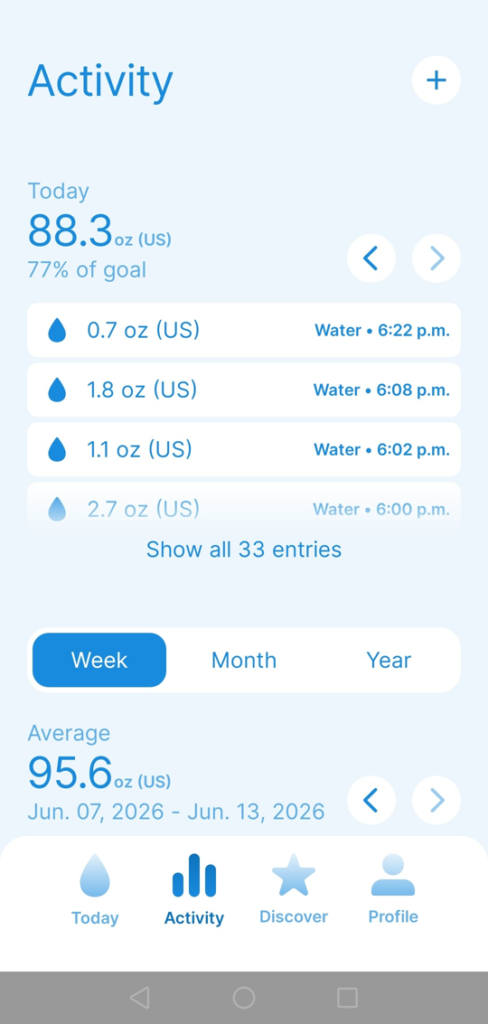 waterh app activity screen showing 95oz weekly average week two