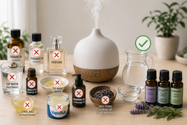 what not to put in a diffuser showing carrier oils, fragrance oil, perfume, tap water and vaporub with red x marks alongside correct essential oils with green tick