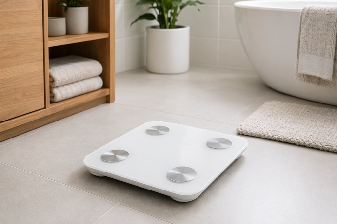 white body fat scale on a bathroom floor