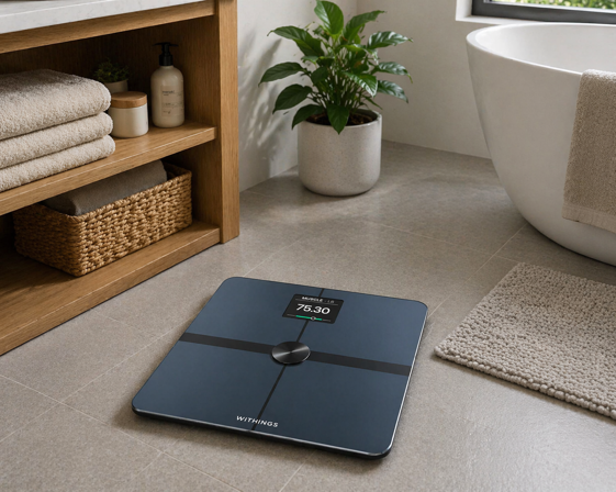 withings body smart scale on a bathroom floor showing muscle mass reading