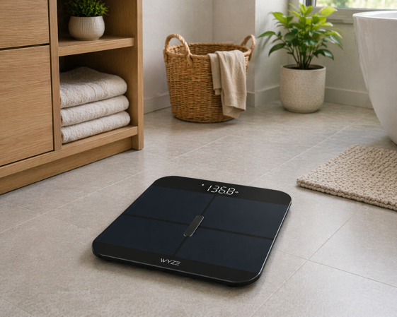 wyze scale x smart body fat scale on a bathroom floor