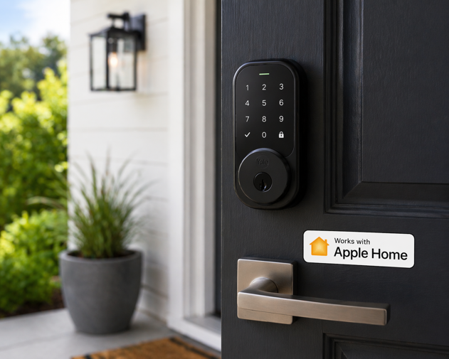 yale homekit compatible smart lock with keypad on front door