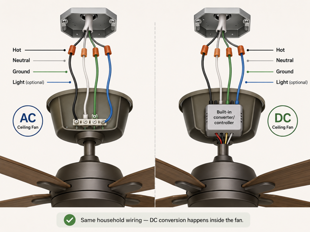 ac and dc ceiling fan wiring comparison showing same household connections