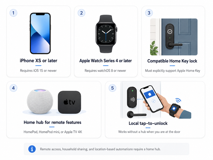 apple home key requirements including iphone, apple watch, compatible lock and home hub