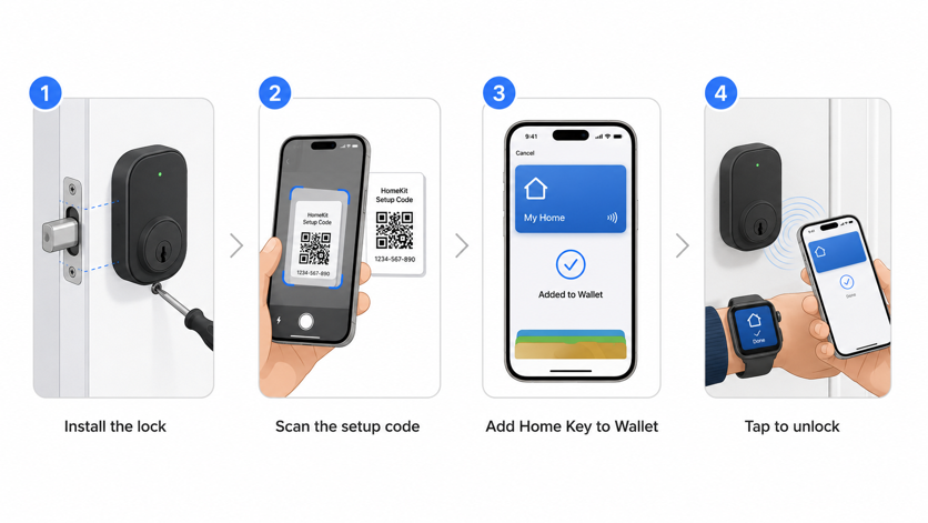 apple home key setup process showing installation, scan code, wallet and unlock