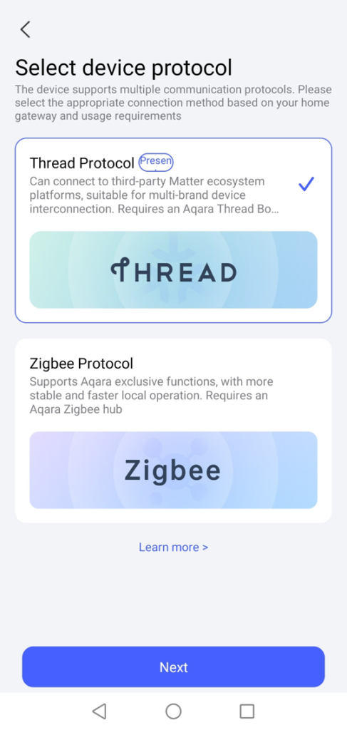 aqara home app select device protocol screen showing thread and zigbee options