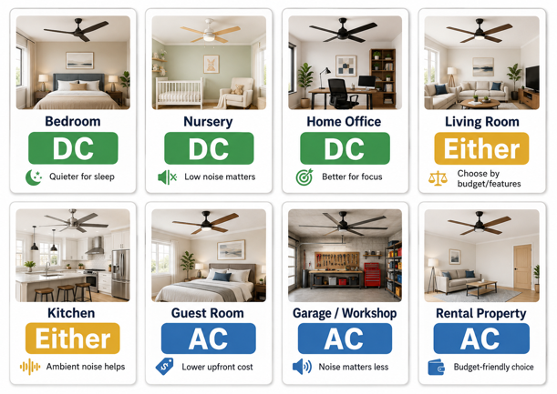 best ceiling fan motor type by room - dc for bedrooms and offices, ac for garages and rentals