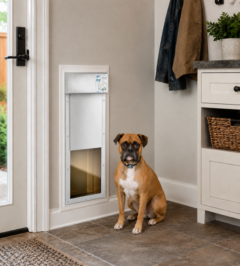 boxer sitting near high tech pet power pet door