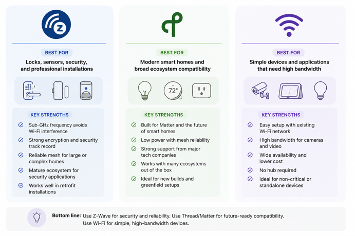 comparison of z-wave, thread/matter and wi-fi protocols showing best uses and key strengths