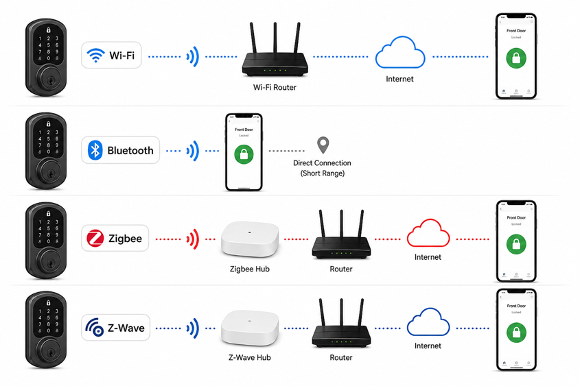 diagram showing smart lock connectivity options including wi-fi, bluetooth, zigbee and z-wave connection paths
