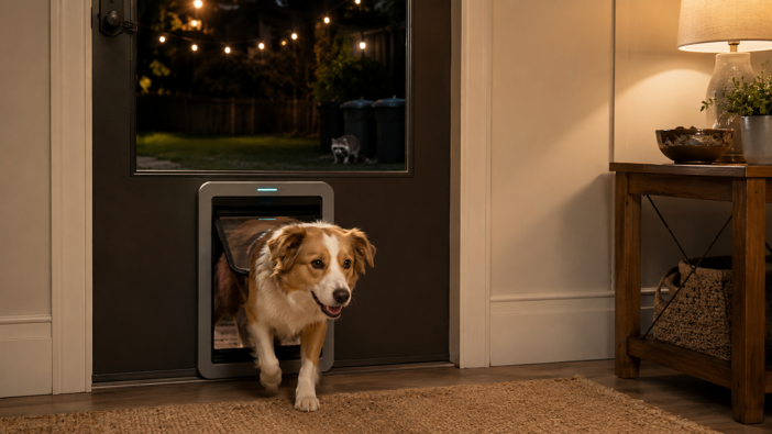 dog entering through automatic pet door while raccoon waits outside
