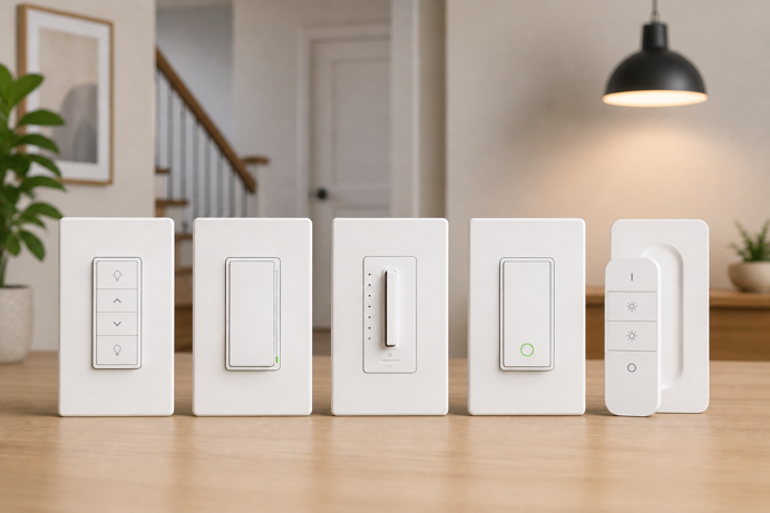 five smart light switches on a wooden surface in a modern home interior