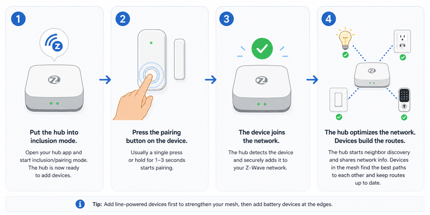 four step z-wave pairing process showing inclusion mode, device pairing, network join and mesh optimization