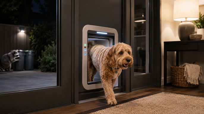 golden doodle using automatic dog door with led indicator