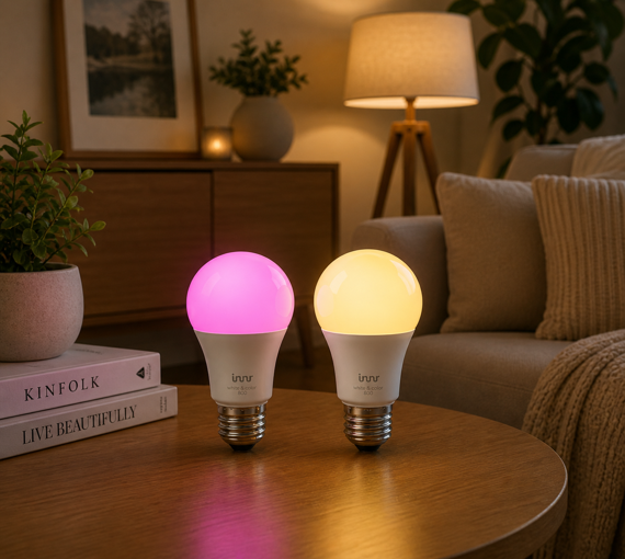 innr zigbee a19 white and color bulbs glowing pink and warm white on a wooden table