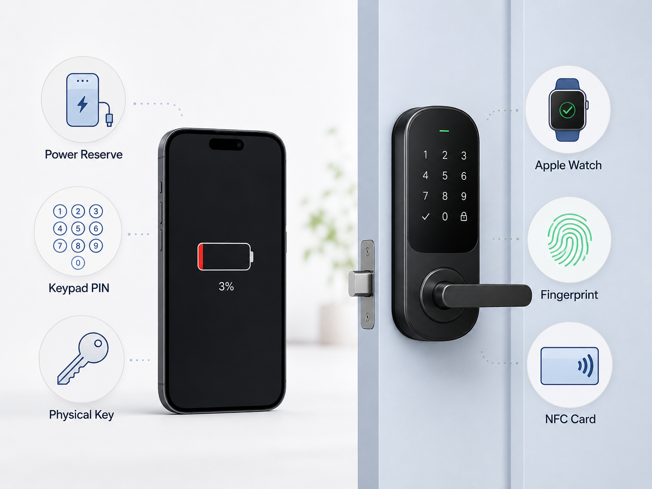 iphone power reserve and backup lock access methods including keypad, fingerprint and apple watch