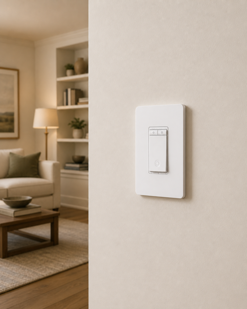 kasa ks225 matter smart dimmer switch mounted on wall with warm living room in background