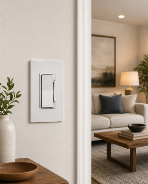 leviton decora smart dimmer switch mounted on wall with living room visible in background