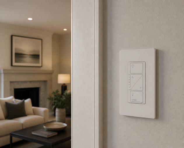lutron caseta smart dimmer switch mounted on wall with living room visible in background