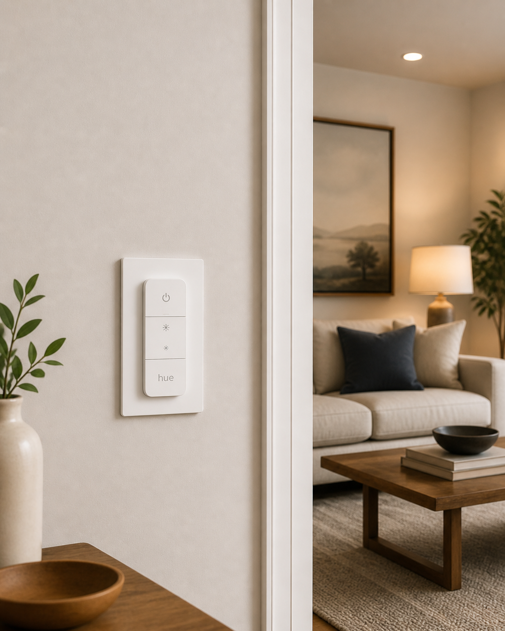 philips hue smart dimmer switch mounted on wall with living room visible in background