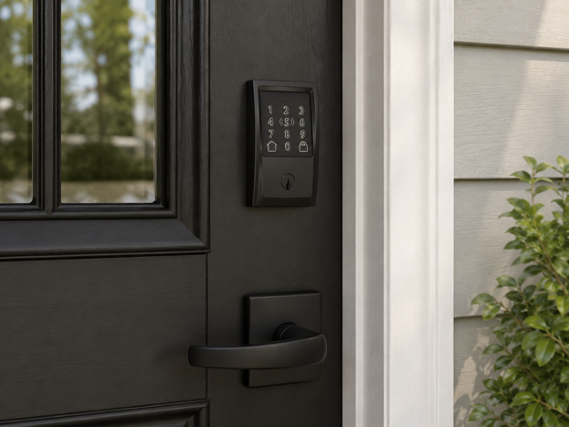 schlage encode plus smart lock with touchscreen keypad on black door