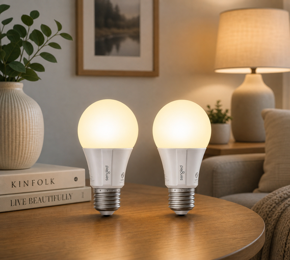 sengled zigbee a19 soft white bulbs glowing warm white on a wooden table