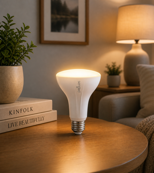 sengled zigbee br30 flood light bulb glowing warm white on a wooden table