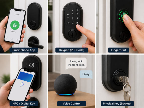 six ways to unlock a smart lock including smartphone app, keypad, fingerprint, nfc, voice control and physical key backup