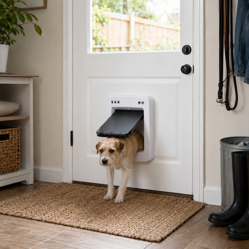 small dog entering home through petsafe smartdoor pet door