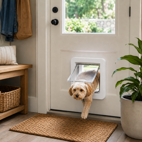 small dog entering through sureflap microchip pet door