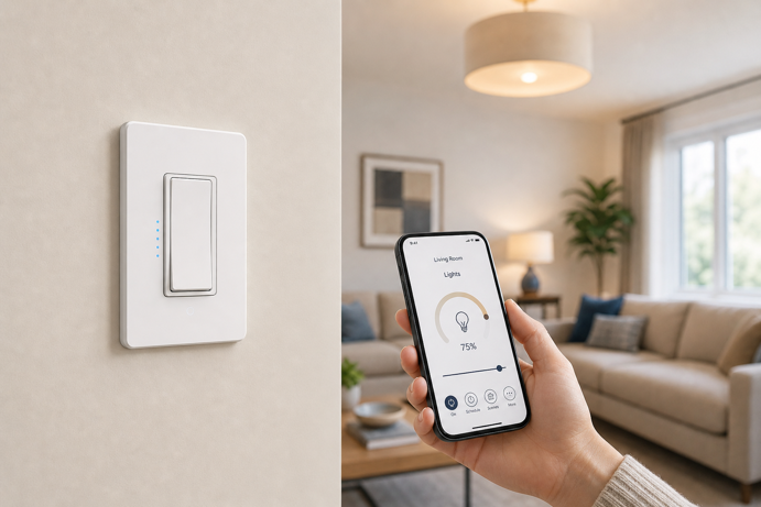 smart light switch on wall next to hand holding smartphone showing light control app