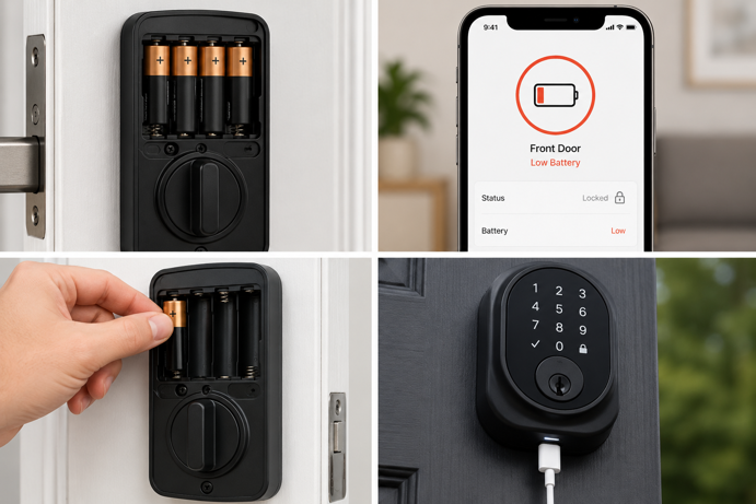 smart lock battery management showing aa batteries, low battery app warning, battery replacement and usb emergency charging