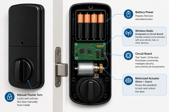 smart lock internal components diagram showing battery, circuit board, wireless radio and motorized actuator