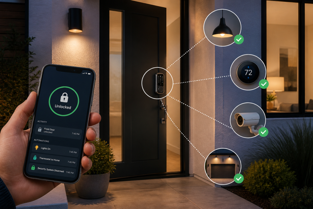 smart lock triggering home automations including lights, thermostat and security system on smartphone app